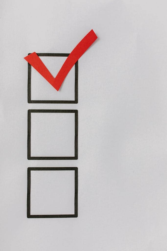 A checklist with a red tick mark over the first box on a white background symbolizing completion.